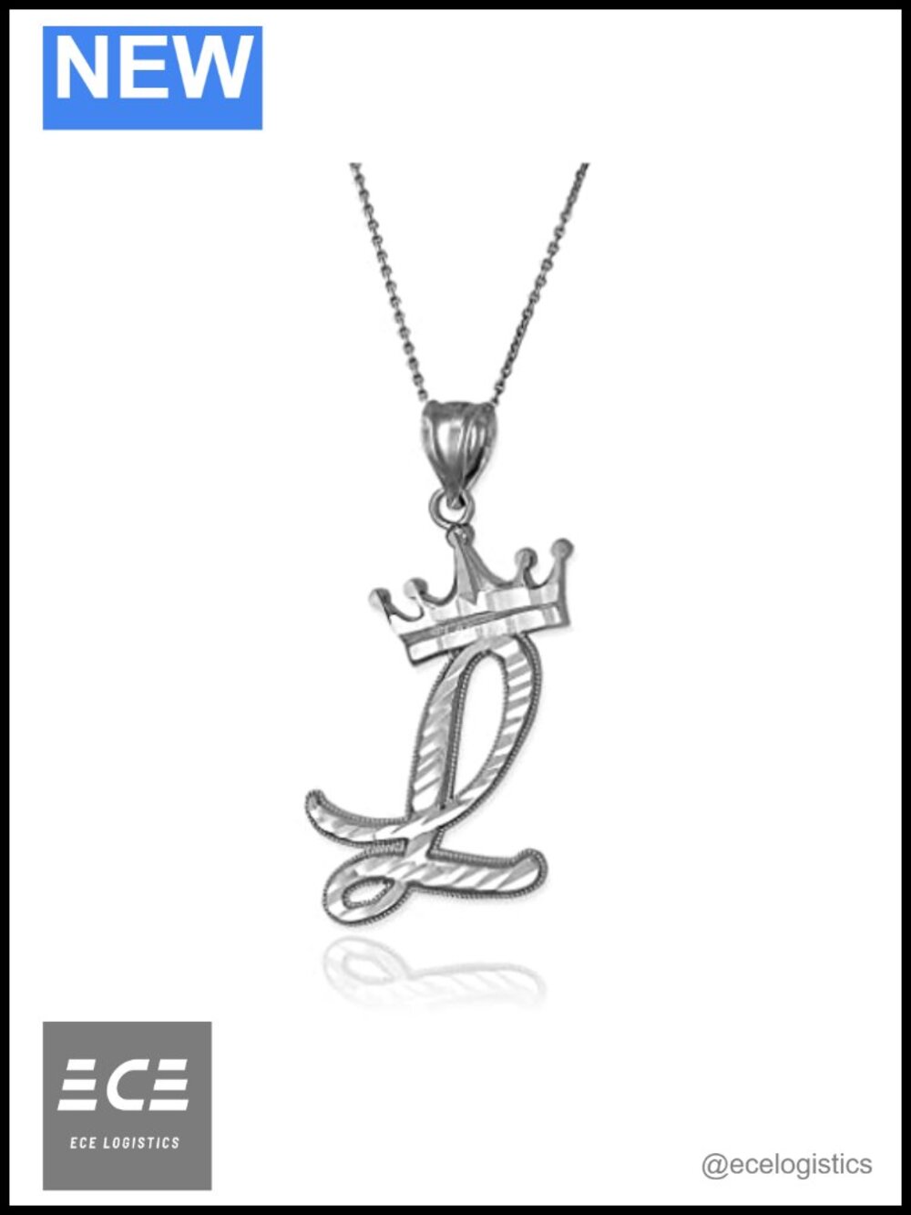Sterling Silver Letter L Initial Cursive Crown DC Pendant Necklace